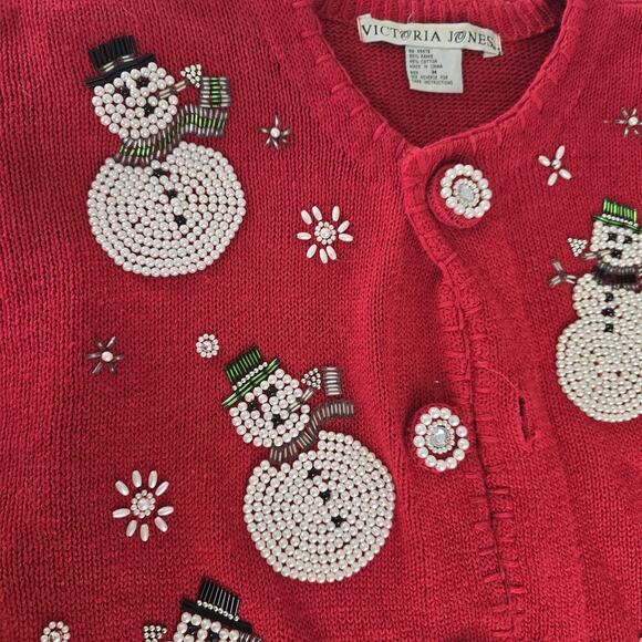 Victoria‎ Jones VTG Christmas Red Cardigan Medium Elegant Beaded Pearls Snowman - Picture 6 of 10